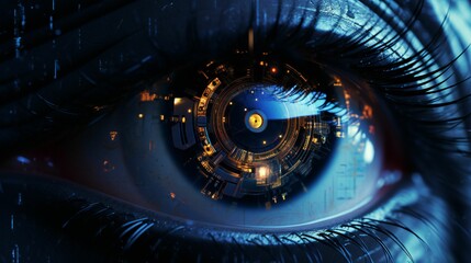 AI generated illustration of a human eye with a circuit board inside it