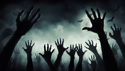 Zombie hand emerging from the ground, Graveyard in spooky death Forest At Halloween Night