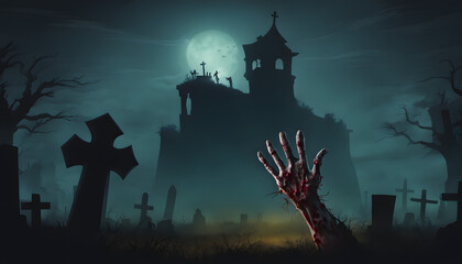 Zombie hand emerging from the ground, Graveyard in spooky death Forest At Halloween Night