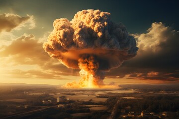 Big bomb coming from the sky, in the style of photo-realistic landscapes, apocalypse landscape, nuclear art created with Generative AI technology