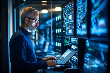 A skilled IT specialist troubleshooting a complex network issue, analyzing data and devising solutions Generative AI