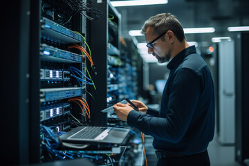 An IT specialist in a server room, carefully managing and organizing racks of equipment Generative AI - obrazy, fototapety, plakaty