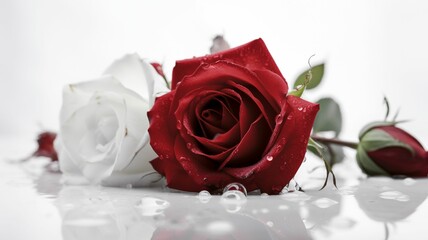 AI generated illustration of red and white roses side-by-side on a white table