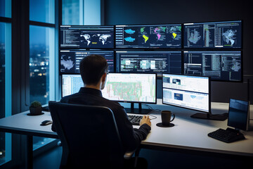 A multitasking IT specialist managing multiple screens, monitoring systems and responding to alerts Generative AI