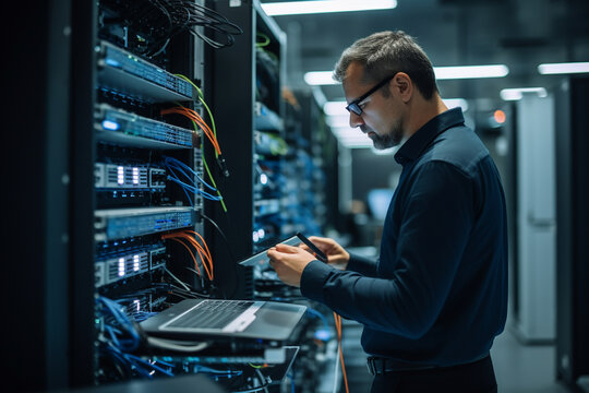 An IT specialist in a server room, carefully managing and organizing racks of equipment Generative AI