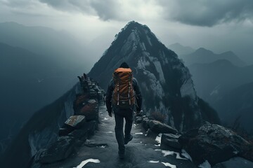 AI generated illustration of an adventurer ascending a mountain peak