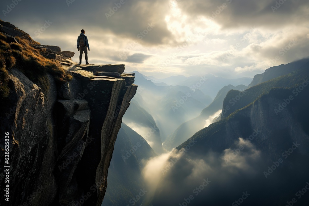 Poster ai generated illustration of an adventurer ascending a mountain peak with clouds in background