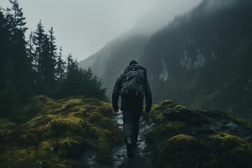 AI generated illustration of a young male hiker wearing a backpack walking in a rocky stream