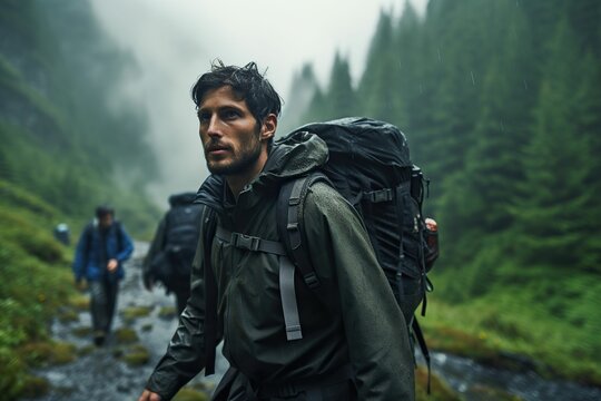 AI generated illustration of a young male hiker wearing a backpack walking in a rocky stream