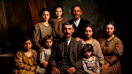 Eastern European Immigrant family posing for a portrait in America in the 1920s, AI-generated. - obrazy, fototapety, plakaty