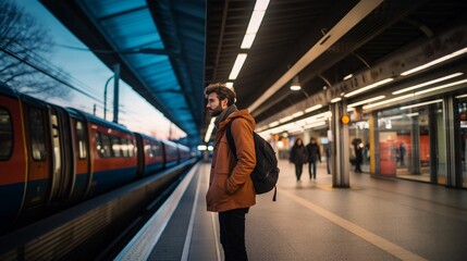 AI generated illustration of a young man wearing a backpack standing in a train station