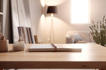 In front of a fuzzy living room background, a workspace tabletop with books and copy space for your product presentation is shown. background of a cozy, minimalist living room is blurred. Generative