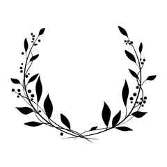 Monochrome elegant floral round frame of two branches with leaves and berries. Logo or emblem element for laurel wreaths. hand drawn line wedding herbal leaves for invitation save the date card