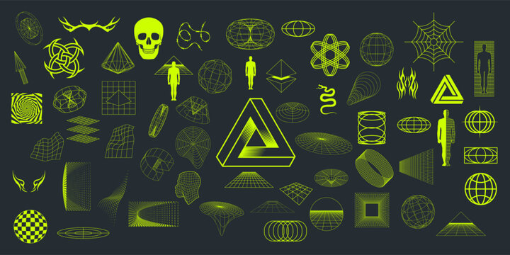 Acid retro Y2K icons and elements. 3D geometric shapes and retro futuristic logol, futuristic icons. Graphic artistic set - elements, 3D objects, icons. Vector Y2K graphic