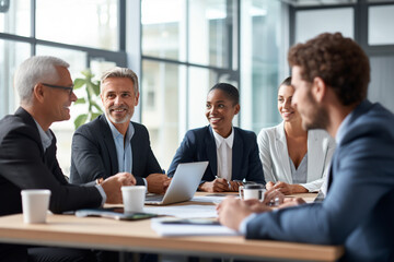 A professional business meeting with executives gathered around a conference table, discussing strategies Generative AI