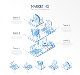 3d line isometric digital marketing infographic template. Mobile advertising strategy, seo presentation layout. 5 option steps, process parts, growth concept. Business people team. Social media icons