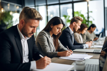 An attentive business meeting with participants actively listening and taking notes Generative AI