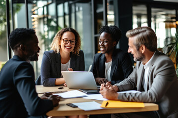 A diverse group of professionals collaborating in a business meeting, embracing different perspectives Generative AI