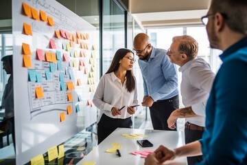 A team of colleagues engaged in a productive business meeting, brainstorming ideas on a whiteboard Generative AI