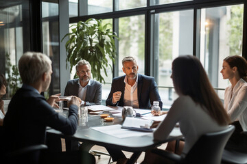 Fototapeta premium A confident team leader leading a business meeting, setting the agenda and guiding the conversation Generative AI