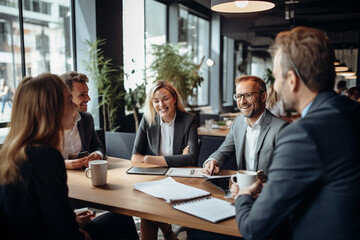 A lively business meeting with positive interactions, fostering a supportive and cooperative environment Generative AI