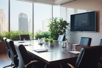 A productive business meeting in a modern meeting room, equipped with state-of-the-art technology Generative AI
