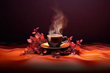 Illustration with cup of coffee and smoke, plants with coffee beans and defocused soft background