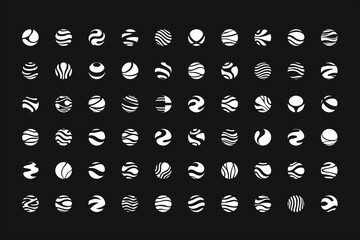 3D spheres logo set, geometric shapes collection, vector abstract icon, graphic design elements. Round, circle form business logotypes. Minimalistic halftone white globe, ball with dot, wave, line.