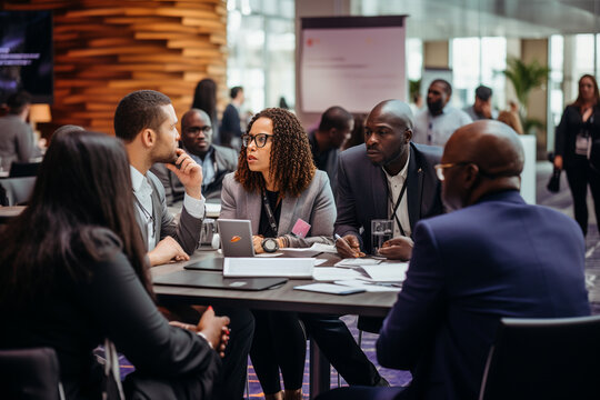 A high-energy business conference with attendees discussing trends and market insights Generative AI