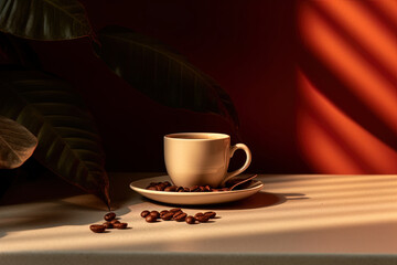 Cup of coffee and beans, plants and cozy light with shadows on blurred background
