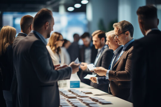 A well-attended business event with participants exchanging business cards and contact information Generative AI