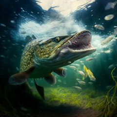 Large pike with big teeth, predatory
    Fish, fishing hobby, clean river. - obrazy, fototapety, plakaty