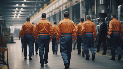 a crowd of people male engineer workers back view go to the factory.