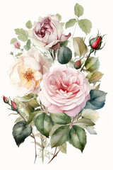 Watercolor roses bouquet illustration on white background. Wedding invitation. Botanical art print