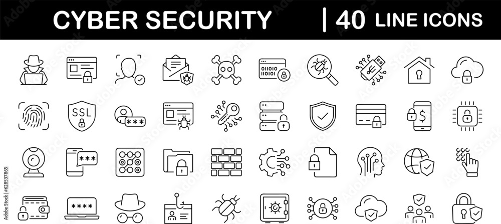 Poster Cyber security set of web icons in line style. Internet protection icons for web and mobile app. Data protection, network, technology, password, key, shield, lock, password, eye access, spam, hacker