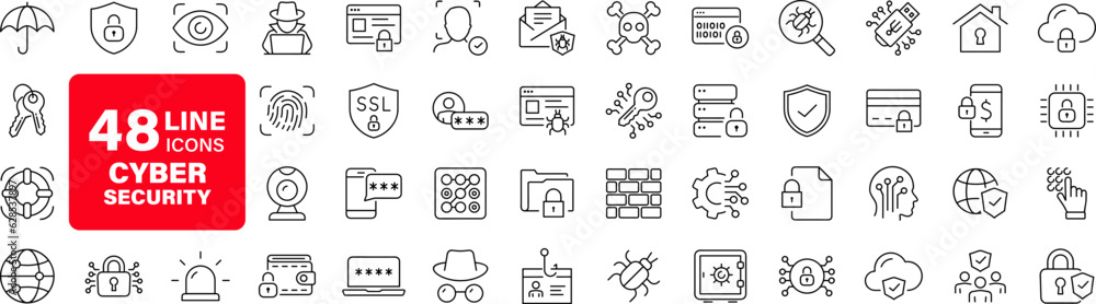 Poster Cyber security set of web icons in line style. Internet protection icons for web and mobile app. Data protection, network, technology, password, key, shield, lock, password, eye access, spam, hacker
