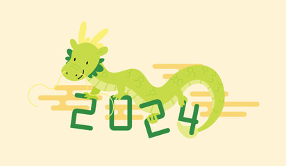 Chinese dragon holding 2024 numbers. Happy chinese new year of the dragon 2024 cute greetings card.