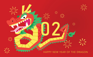 Happy year of the dragon 2024 greetings card design. Funny face flying dragon forming the numbers 2024. Fireworks decorative background