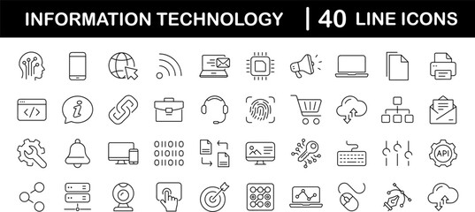 Fototapeta na wymiar Information technology set of web icons in line style. IT icons for web and mobile app. Programming, network, website, technology progress, internet, devices, server, data. Vector illustration