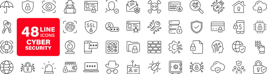 Cyber security set of web icons in line style. Internet protection icons for web and mobile app. Data protection, network, technology, password, key, shield, lock, password, eye access, spam, hacker - obrazy, fototapety, plakaty