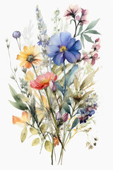 Watercolor wildflowers bouquet on white background. Greeting card, invitation template.