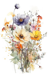 Watercolor wildflowers bouquet on white background. Greeting card, invitation template.