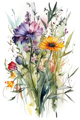 Watercolor flowers bouquet on white background. Wedding invitation. Botanical art print.