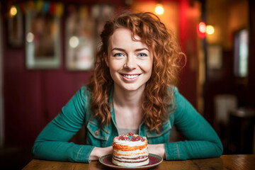 Fototapeta 25 year old woman with red hair posing in front of a small birthday cake. obraz
