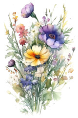 Watercolor flowers bouquet on white background. Wedding invitation. Botanical art print.