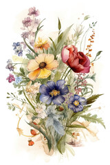 Watercolor colorful wildflowers bouquet on white background