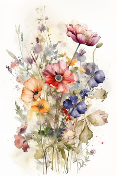 Watercolor wildflowers bouquet on white background