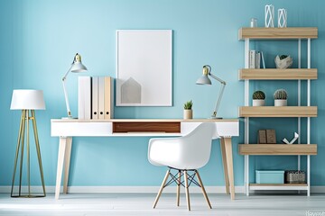 home office desk with blue wall and white materials. simple and imaginative workspace. Generative AI