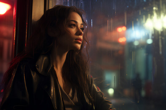 A pensive girl sits by the window at night