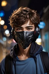 Handsome teenager wearing mask and headset